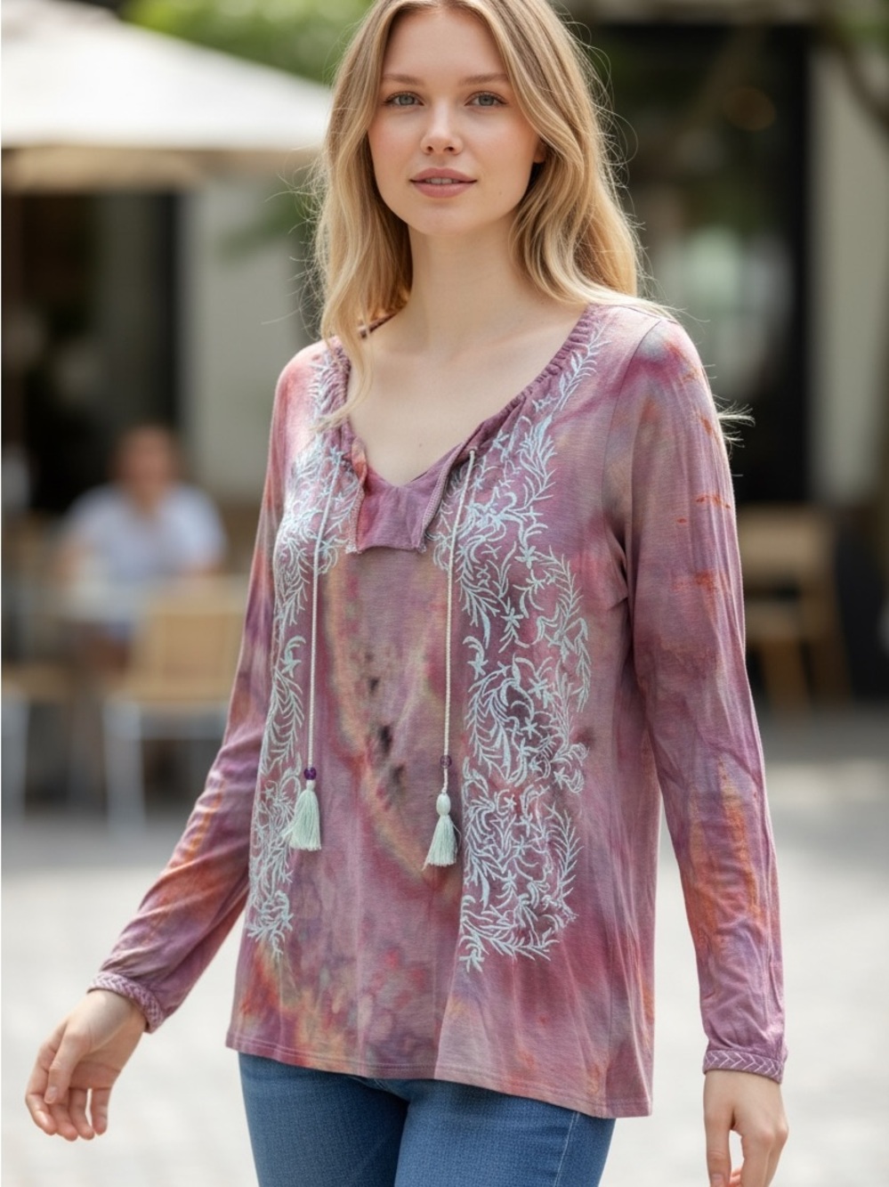 Lucky Brand Mauve Pink Tie-Dye Embroidered Long-Sleeve Top